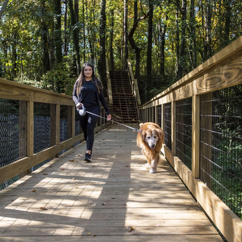 girl and her dog on the trail bridge